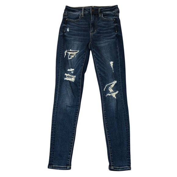 American Eagle Womens Jeans Size 2 Super Hi-Rise Jegging Distressed Blue Denim - Picture 1 of 14